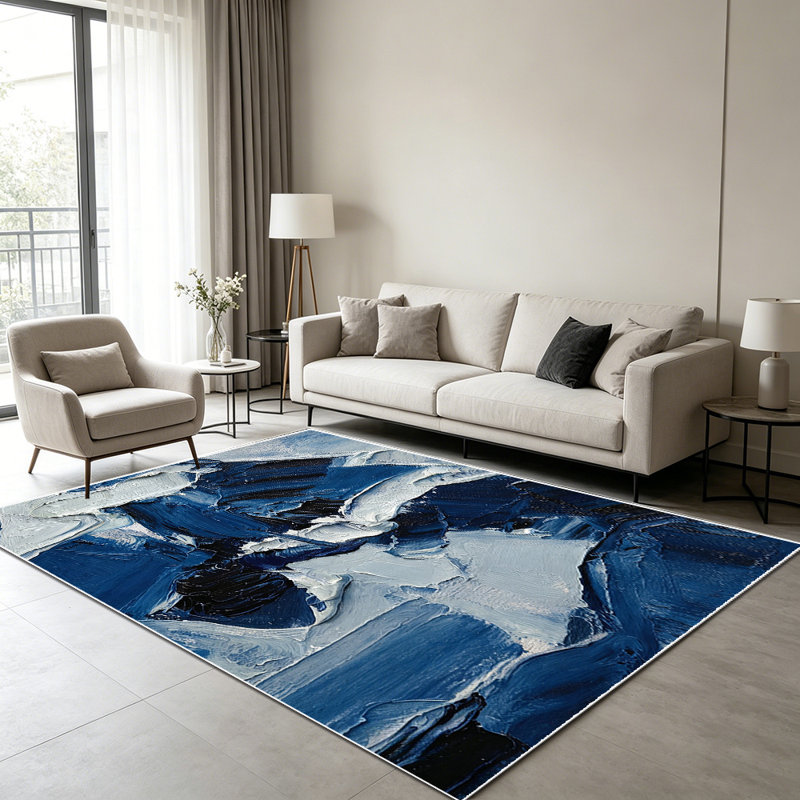 1PC Abstract Navy Blue & White Thick Oil Painting Style area rugs for Living Room, Soft and Comfortable, Suitable for all seasons, easy-to-maintain, machine washable Indoor floor mat, Under Table Farmhouse suitable for dining table, bedroom, kitchen,