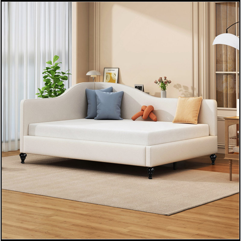Lit de jour en L en forme de L, avec pieds en bois massif, Lit double, Beige