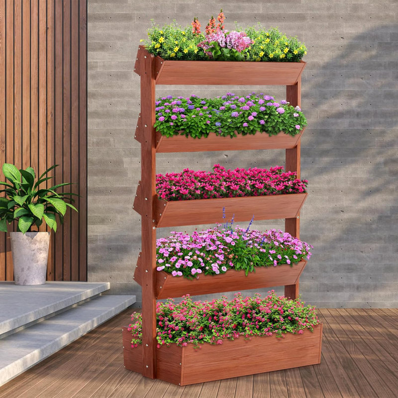 Shanitha Vertical Wooden Garden Bed, Freestanding Wood Plant Stand Flower Rack Wooden Planter Box Container