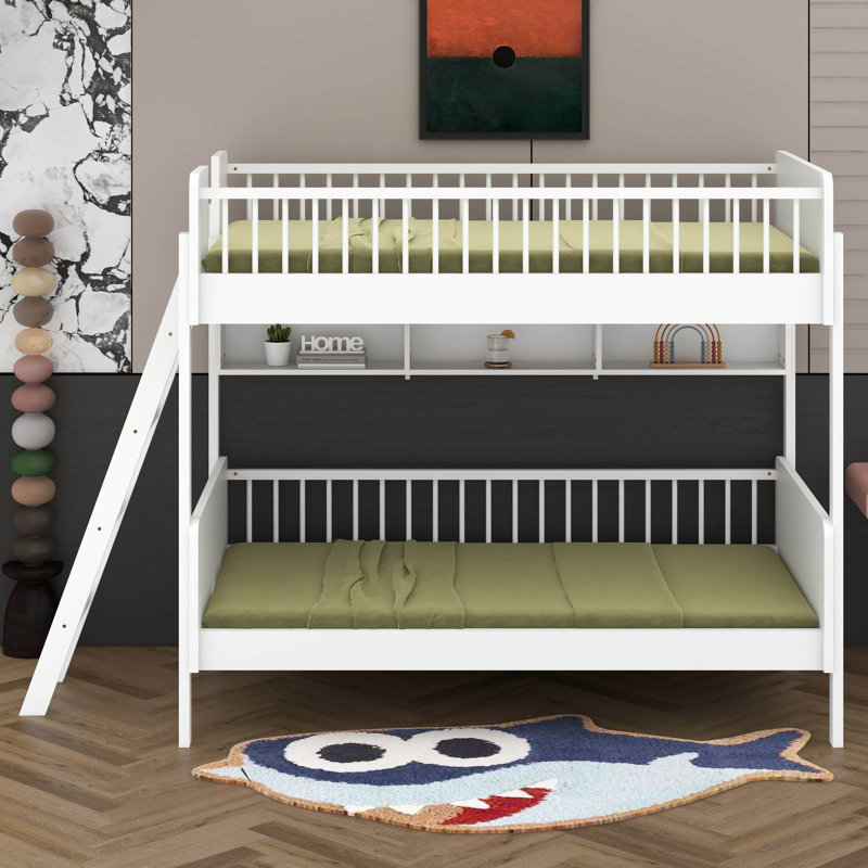 Lit superposé simple au-dessus de simple avec 3 tablettes de rangement, lit superposé en bois massif avec échelle, garde-corps, échelle pouvant être changée à gauche ou à droite