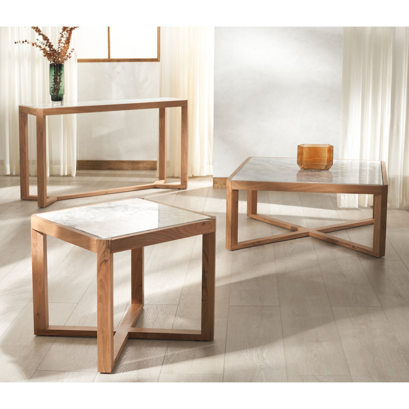 Ensemble de table de salon en marbre 3 pièces, Naturel, Blanc