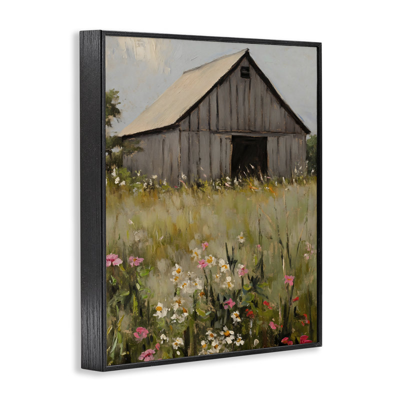 «Old Floral Barn View», estampe numérique, design par Franklyn Gregory, H 14 po x l 11 po, Giclée encadrée noir minuit