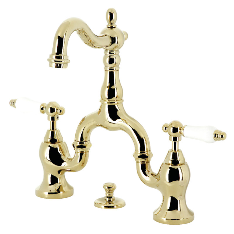 Kingston Brass English Country Two-Handle 3-Hole Deck Mount Bridge Bathroom Faucet with Brass Pop-Up, Polished Brass