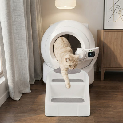 Rampe à chat blanche en plastique pour bac à litière automatique, marches à double couche avec pieds en caoutchouc antidérapants, conçue pour les petits et les grands chats