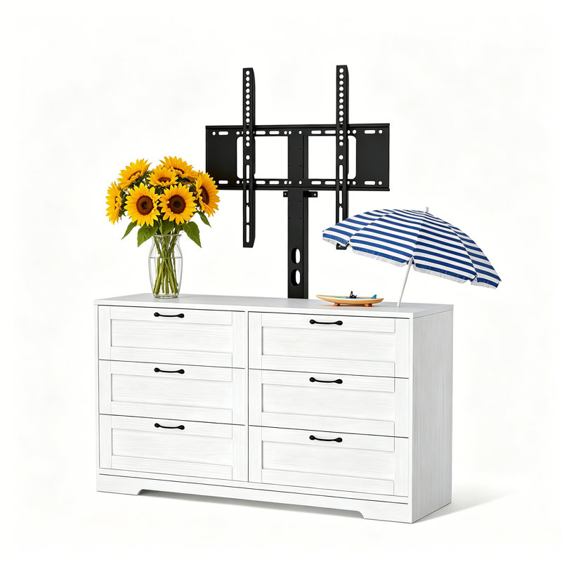 Meuble télé avec support et 6 tiroirs de rangement pour téléviseurs de 32 à 65 pouces, meuble audio-vidéo blanc pour chambre à coucher, salon, console multimédia en bois moderne avec support à hauteur réglable comme commode télé.