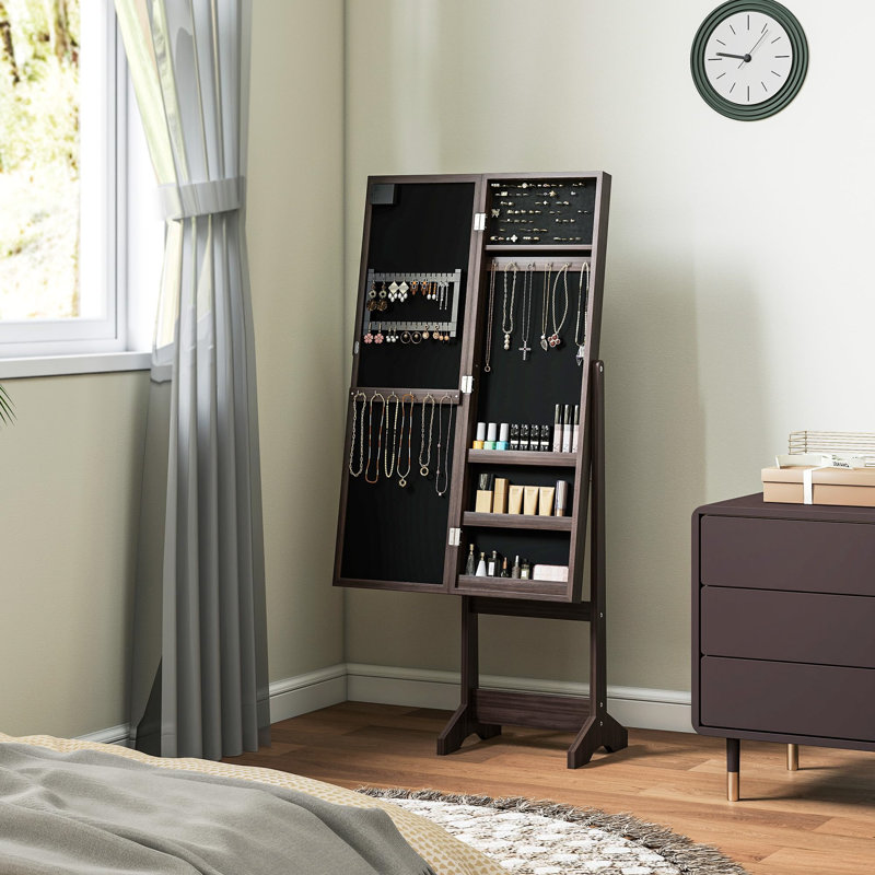 Freestanding Mirror Jewelry Cabinet With LED Lights, Jewellery Organiser With 3 Angle Adjustable, Full-Length Mirror With Storage For Earrings, Necklaces, Rings And Lipsticks