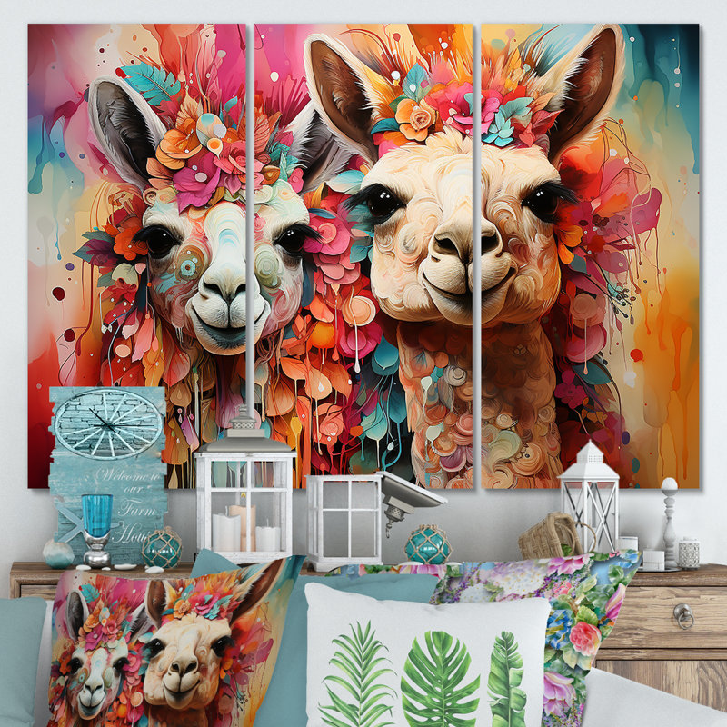 Portrait floral coloré d'alpagas moelleux - Alpaca, art mural, H 28 po x l 36 po