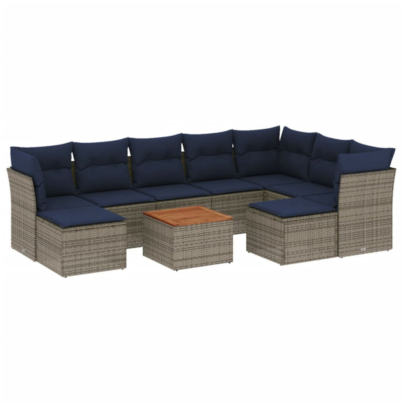 Ensemble de canapé de patio 10 pièces avec coussins en rotin de polyester, Marine, Gris