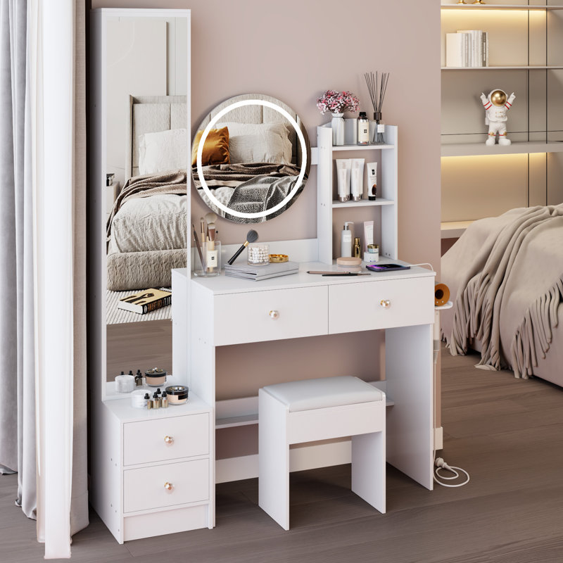 Tabouret rembourré, miroir à DEL de 17 po de diamètre avec contrôle tactile, luminosité réglable en 3 couleurs, centrale électrique 2 ac +, coiffeuse ronde, armoire pleine grandeur, American Designing White Coalition