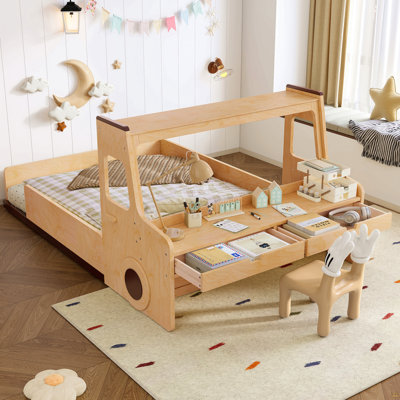 Full Size Floor Bed With Interesting Car-Shape Design, Kids Car Floor Bed With Storage Drawers, Window, And Desk