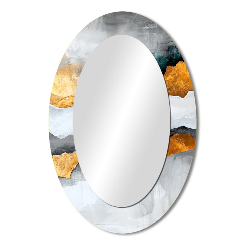 Contrasting Harmony Of Gray And Golden Marble II - Abstract Oval Decorative Mirror On Metal, 36" x 24"