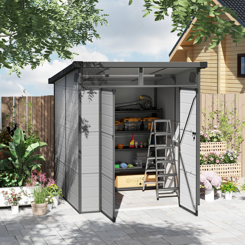 Outsunny 6 x 6ft Dark Grey Plastic Garden Shed with Windows and Air Vents, Outdoor Resin Tool Shed with Latch Doors for Garden