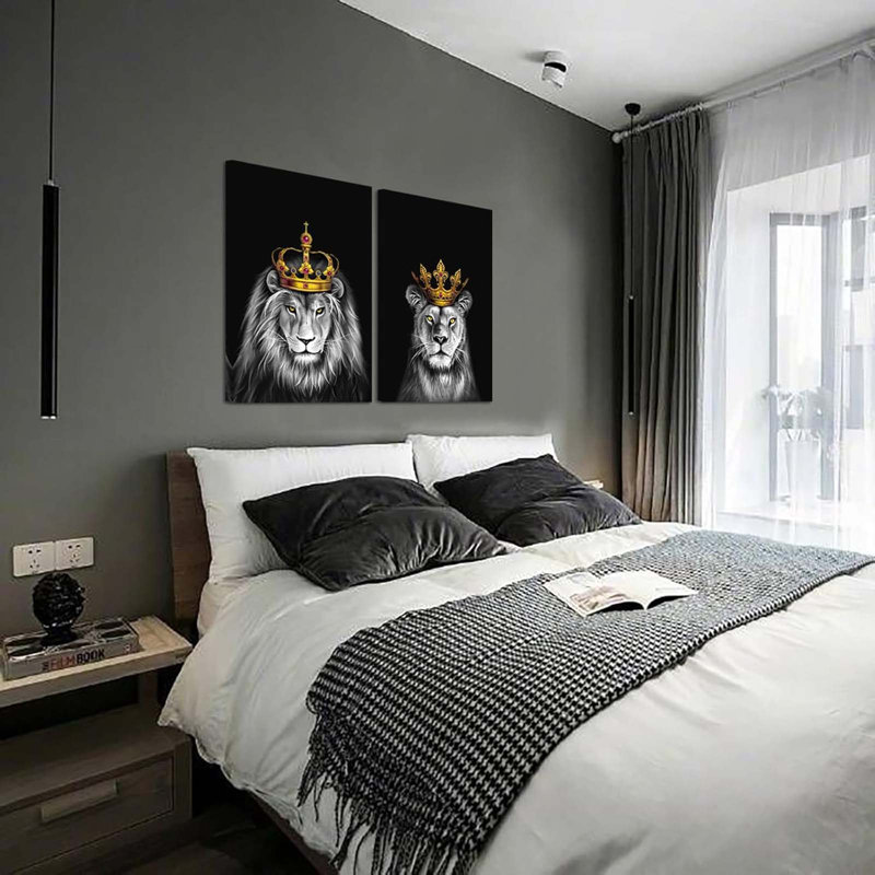 2 Pieces Set Lion and Lioness Canvas Wall Art Black and White Lion with Gold Crown King Animal Picture Artwork for Bedroom Home Decor Ready to Hang 16x24inch