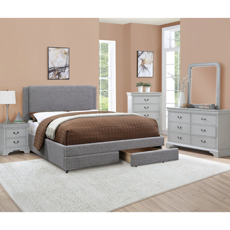 Ensemble de lit 1 pièce grand lit tapissier gris clair avec tiroirs de rangement FB