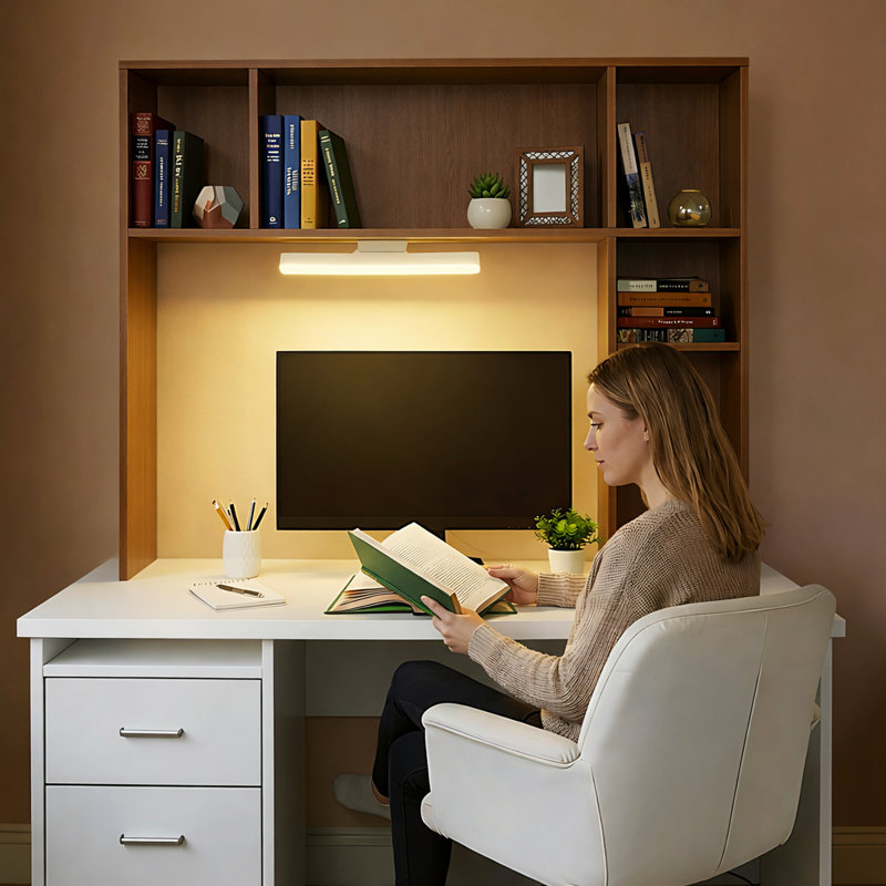 Bibliothèque de bureau, tablette de bureau avec lampe de bureau à DEL, huche de bureau avec 5 casiers ouverts et tablette réglable, organisateur de rangement de bureau en bois de 35,4 po x 29,6 po pour la maison de bureau, le dortoir, le bureau, la chambre à coucher