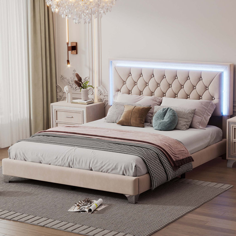 Mikhale Modern Velvet Platform Bed with Tufted Headboard and LED Lights, Beige, Queen