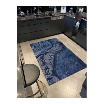 Tapis décoratif moderne à motif abstrait marbré bleu et gris lavable à la machine