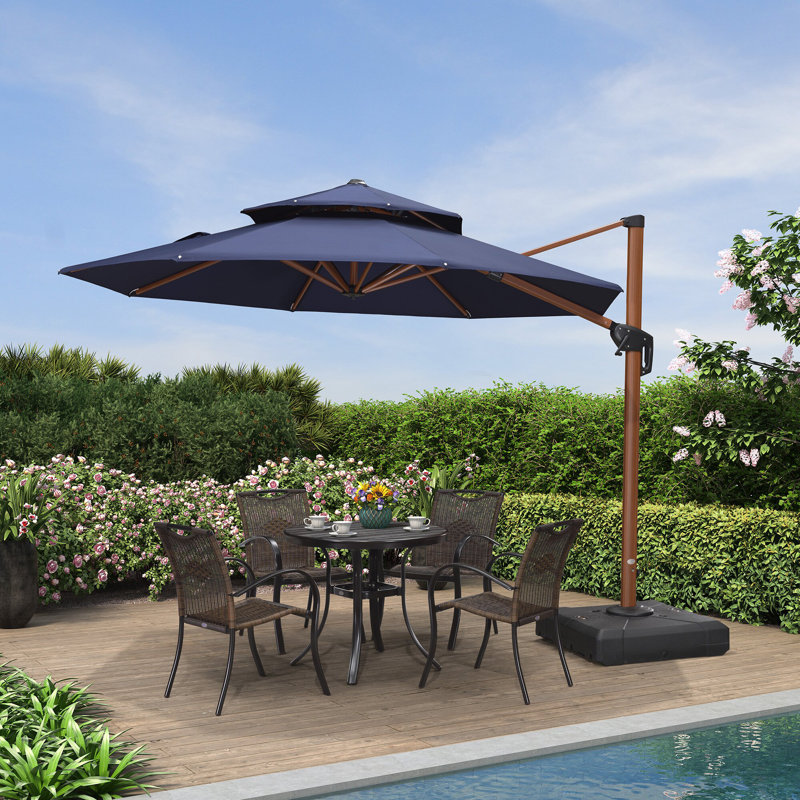 Parasol extérieur en porte-à-faux à double plateau rond en bois avec base 10 pi, bleu marine, Marine
