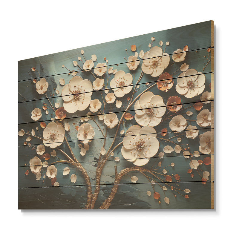 Arbre de fleurs d'orchidées blanches et bleues III - Floral abstrait sur bois, H 34 po x l 44 po x P 0,78 po