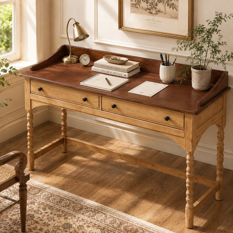 Bureau d'écriture moderne et organique de 137 cm (54 pouces) avec pieds tournés en forme de fuseau et bordure surélevée, bureau d'ordinateur élégant de style français pour la maison ou le bureau à domicile
