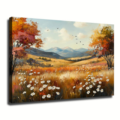 Prairie de montagne d'automne avec marguerites blanches, peinture à l'huile grand format sur toile tendue, idéale pour le salon ou la chambre.