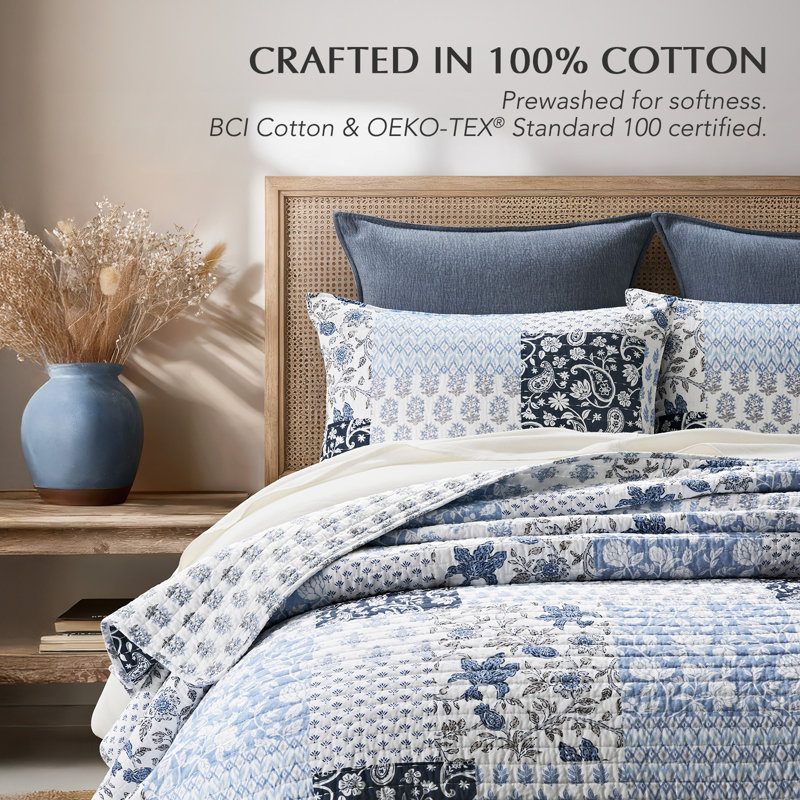 100% Cotton Patchwork Quilt Set, King Quilt + 2 King Shams, Coastal Blue Patchwork