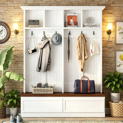 Portemanteau blanc 4-en-1, porte-manteau de 55,9 pouces de large avec banc à grain de bois et 2 grands tiroirs, rangement pour le vestibule