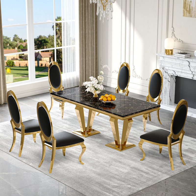 Ensemble de table de salle à manger 7 pièces, table de salle à manger en placage de marbre et 6 chaises en similicuir