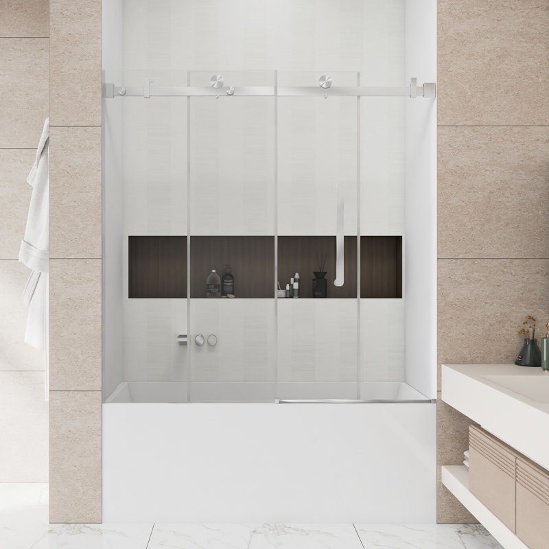 56-60 "W X 60" H Frameless | Single Sliding | Bathtub Shower Door | 1/4 Inch Transparent Glass With Explosion Proof Film | Stainless Steel Handle | Square Tube Track | Brushed Nickel