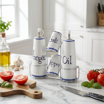 Ensemble d'huile et de vinaigre en céramique, 4 pièces de la collection Cruet blanc et bleu avec verseurs de 8 oz, salières et poivrières et support de comptoir en métal