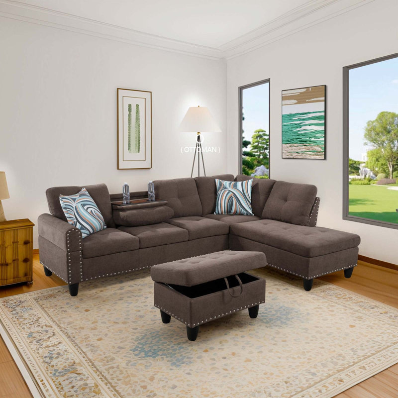 Sciortino Upholstered Sectional, Right Hand Facing, Brown Fabric