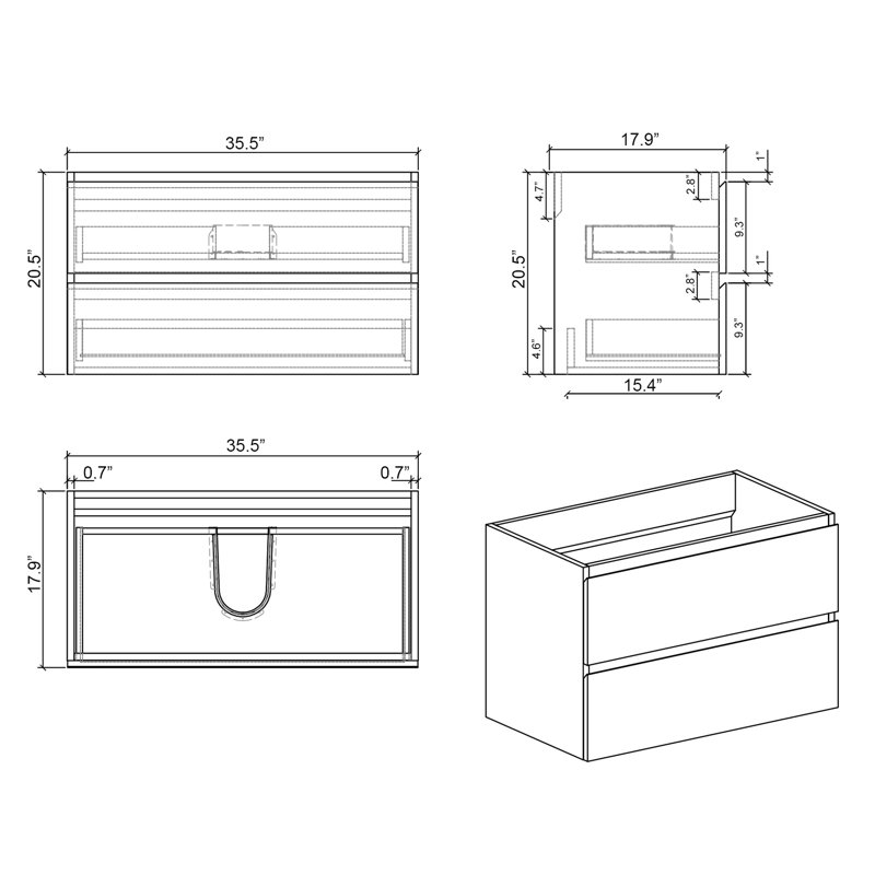 Armoire murale de couleur noyer sans vasque 36 W - 105, deux tiroirs, fermeture silencieuse, rangement, armoire à fixation moderne 105, noyer, option de rangement généreuse