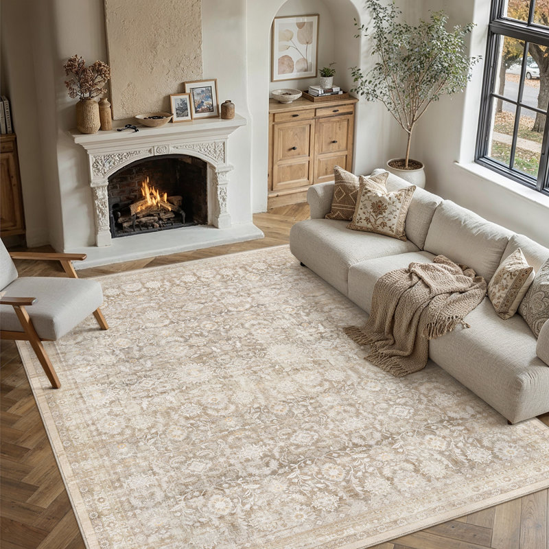 Tapis vintage lavable à motif rétro avec envers antidérapant, Rectangulaire 8 pi x 10 pi