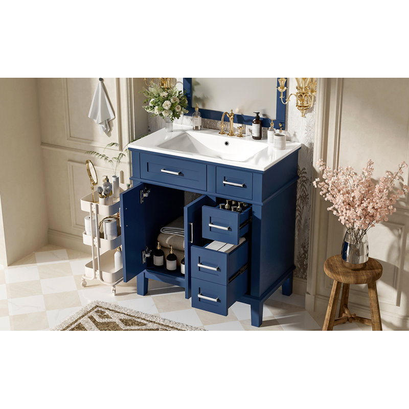 Meuble-lavabo de 30 po avec lavabo en céramique, armoire de rangement moderne avec portes à fermeture douce, tiroir profond et tiroir standard, meuble-lavabo élégant pour les petites salles de bain
