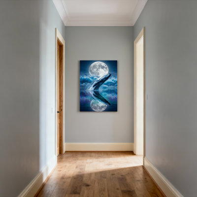Baleine sautant sous la pleine lune, reproduction d'art sur toile tendue sur toile, ensemble de 1