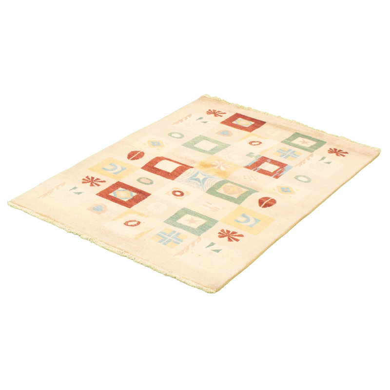 Tapis décoratif beige en laine noué à la main de conception unique 4 pi x 6 pi noué à la main New Age