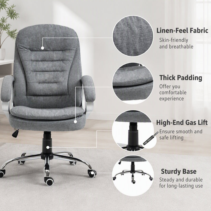 Fauteuil de bureau à dossier haut, réglable en hauteur et pivotant, gris, pour un confort et un soutien optimaux.