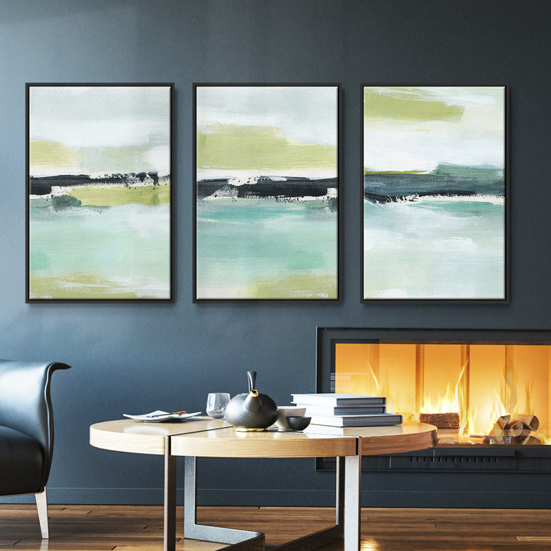 «Sea Green Layers I», ensemble de 3 toiles encadrées, H 40 po x l 78 po, Noir