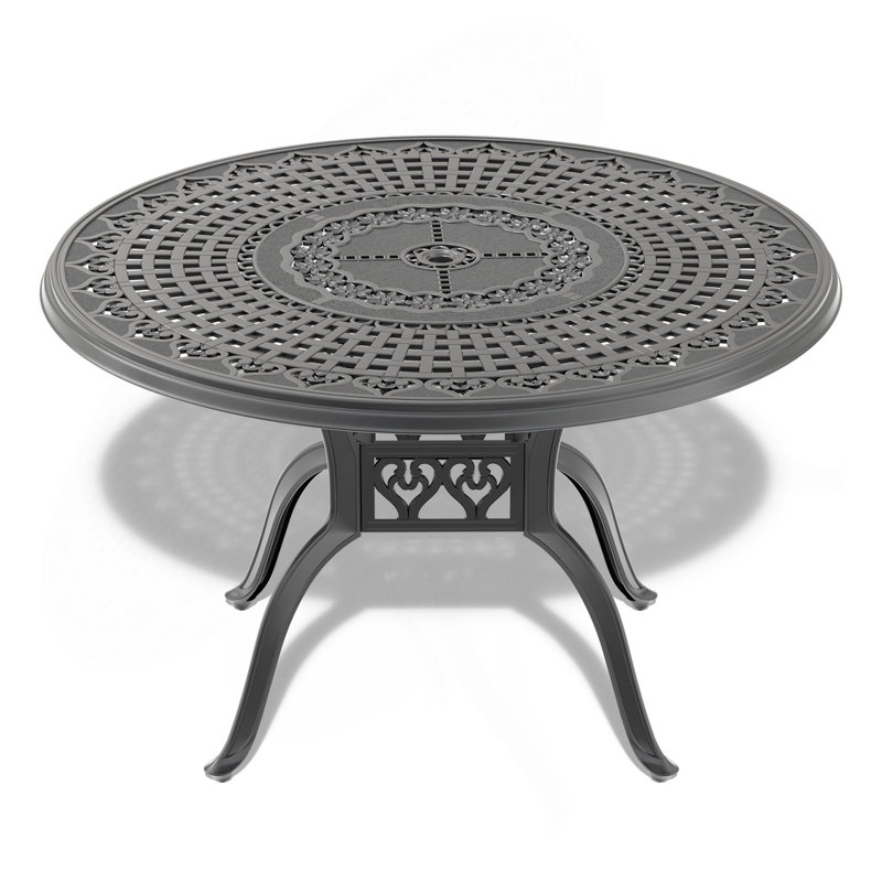 Table de salle à manger en fonte d'aluminium avec cadre noir et trou pour parasol