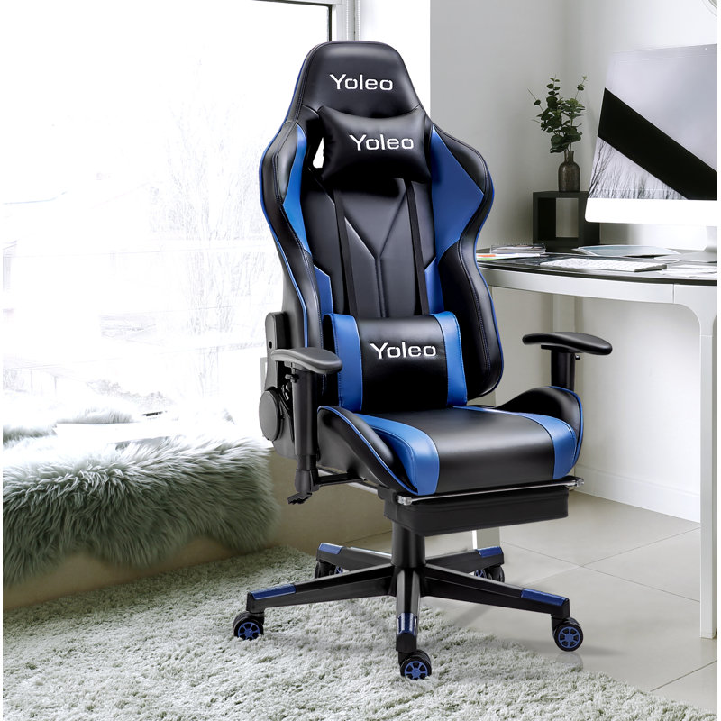 Blue Elephant Adjustable Reclining Faux Leather Swiveling PC & Racing Game Chair with Footrest, Black/Blue