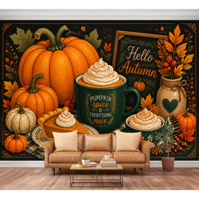 Wall Mural Peel and Stick Wallpaper Pumpkin Spice Autumn Still Life Coffee Mug Pumpkins Cozy Fall Harvest Self-Adhesive Removable Contact Paper Wall Decor for Living Room Bedroom 100"H x 144"W