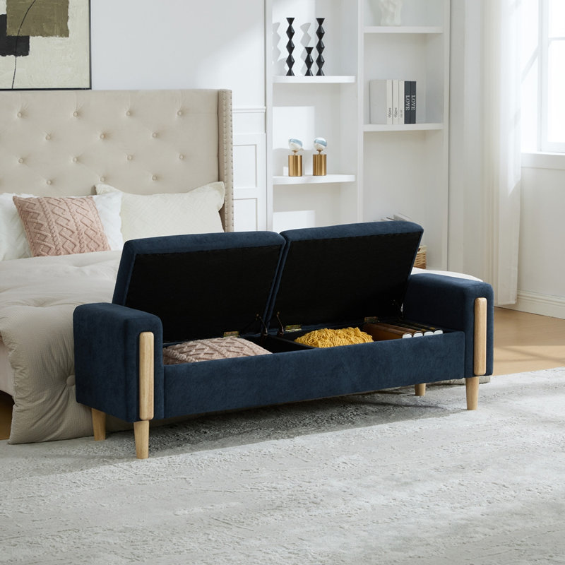 Banc de rangement moderne rembourré de 65,67 pouces de large avec couvercle double, Blue, Blue