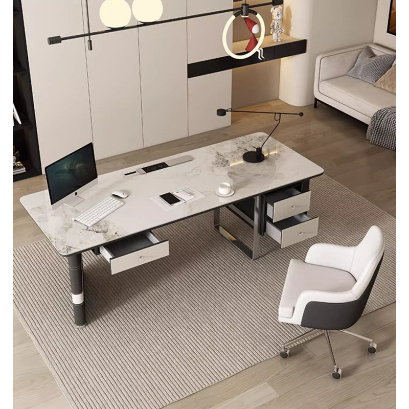 Bureau à plateau en quartz avec pieds en acier inoxydable et 3 tiroirs, H 29,5 po x l 63 po x P 27,6 po