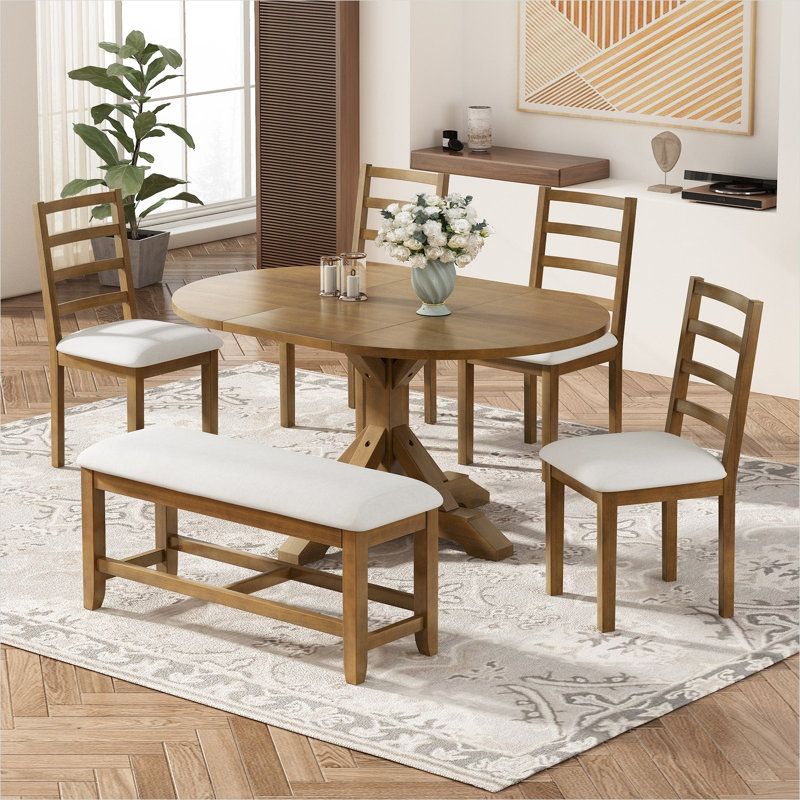 Ensemble de salle à manger extensible en bois massif avec banc et 4 chaises, 6 pièces, table de 60 pouces beige brun