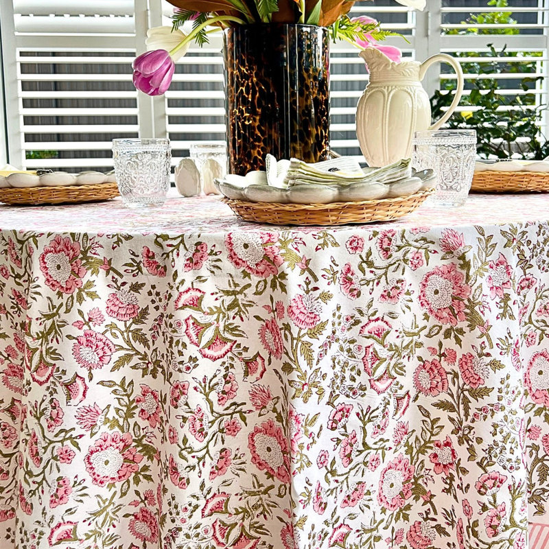 Beatrice Round Tablecloth - Pink And Green, 70" Round