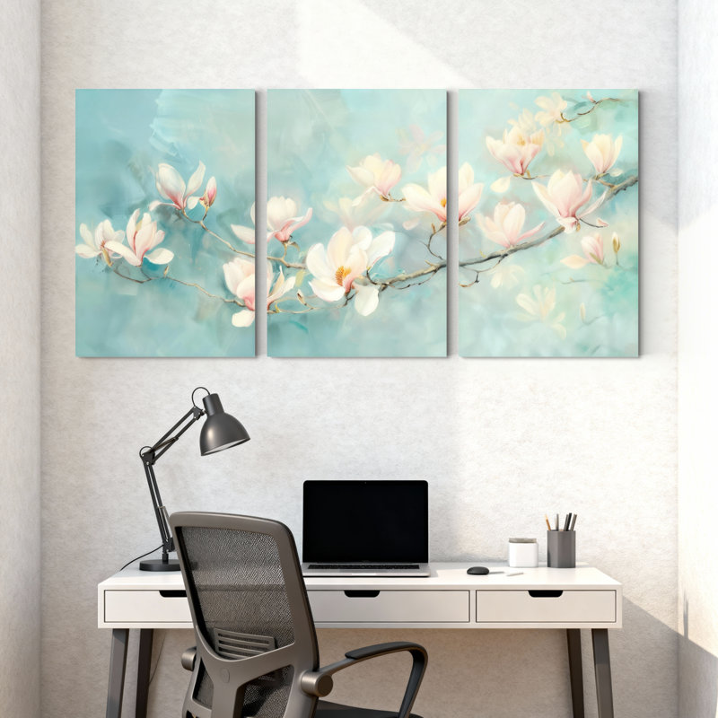 Magnolia fleurs de magnolia sur fond bleu pâle, ensemble de 3 impressions d'art sur toile, H 18 po x l 36 po