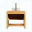 Meuble-lavabo autoportant de 30 po avec lavabo vasque rond en verre transparent, 2 portes en bambou texturé et tablette ouverte, plateau en pierre frittée blanc de Carrare, grain de bois