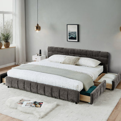 California King Size Chenille Upholstered Bed With Storage Drawers, Comfortable And Stylish For Modern Bedrooms.