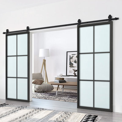 Glass Metal Frosted Barn Door with Installation Hardware Kit -  Calhome, LKM06-36-FROST(2)+CNNT-MK