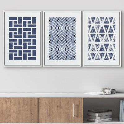 Geometric Line " Geometric Blue Square And Polygons Abstract Shapes Modern Art Bohemian Navy " 3 - Pieces